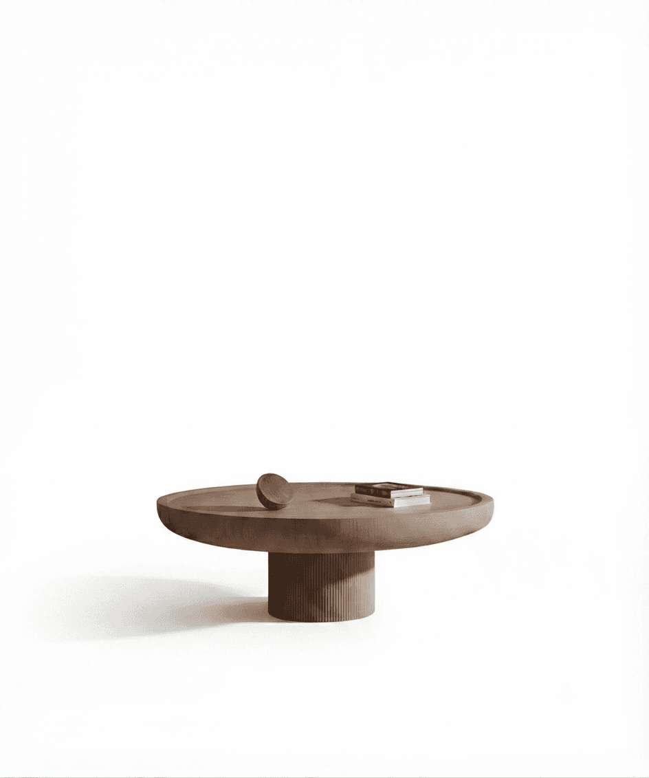 A low, round coffee table made of wood, featuring a thick, smooth tabletop with a subtly raised edge… — 3D model