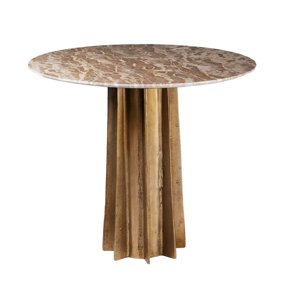 A round dining table with a marble top and a sculptural metal pedestal base. The tabletop features a… — 3D model