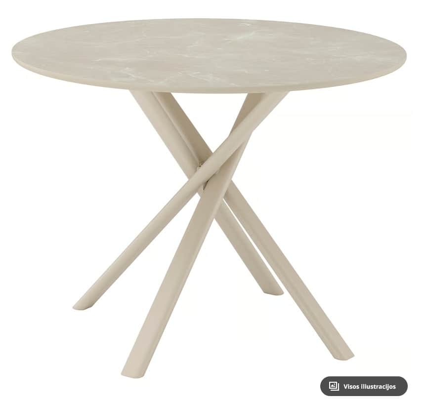 A contemporary round table featuring a light beige, faux-marble top and a unique criss-cross base ma… — 3D model