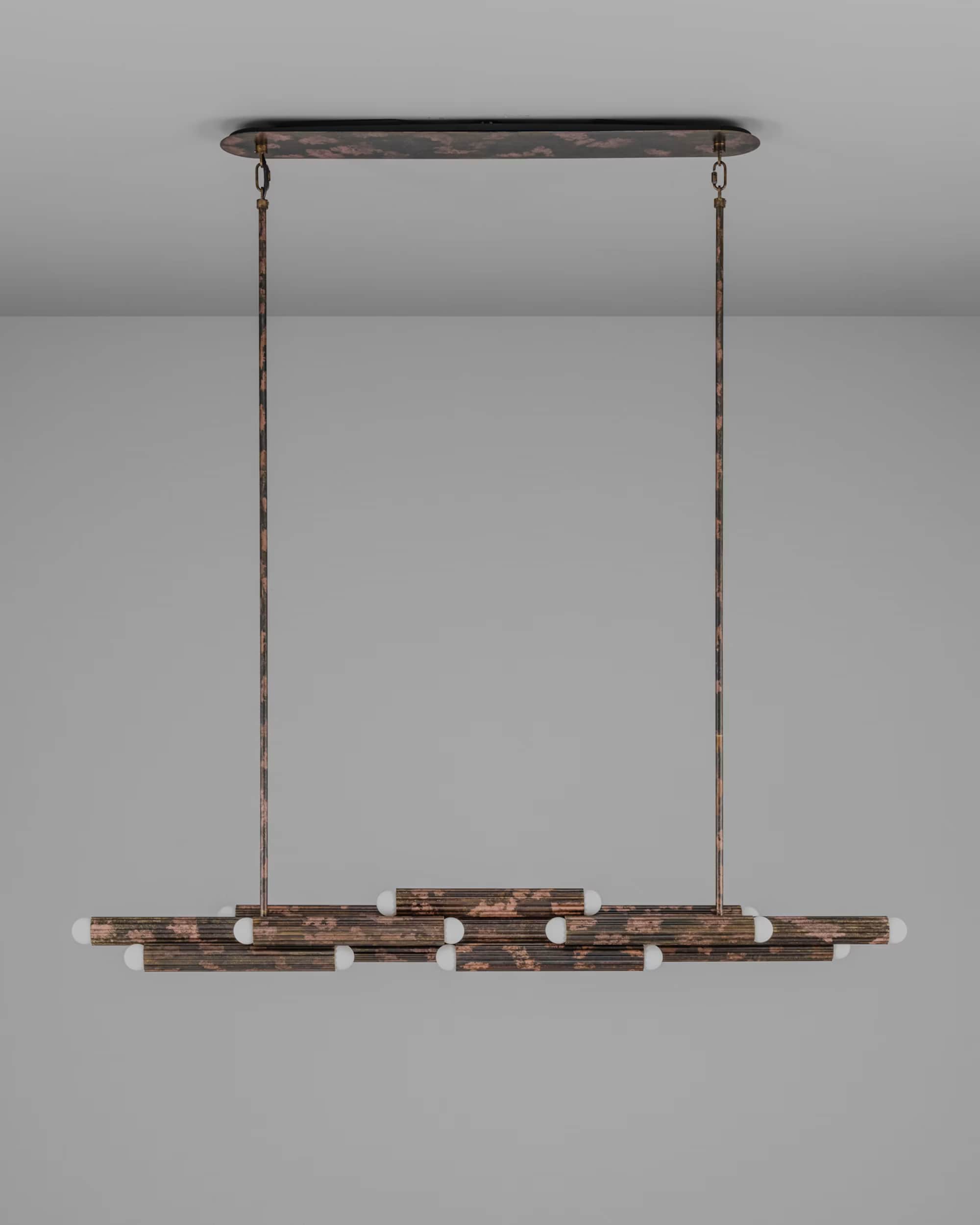 A contemporary linear chandelier featuring a distressed metal finish. The fixture is suspended from… — 3D model