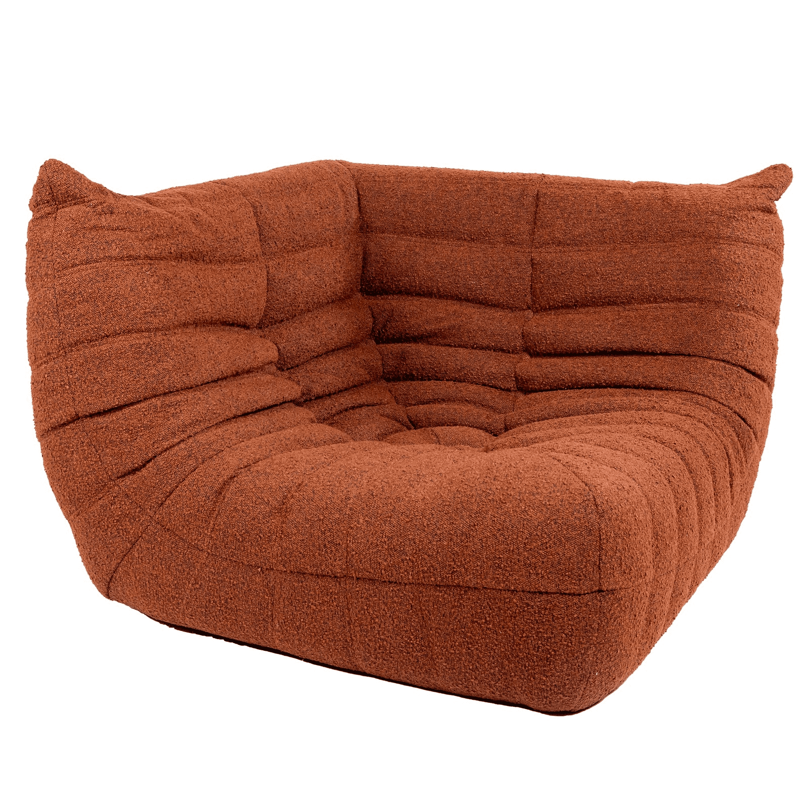 A low-profile, ergonomic corner sectional sofa module upholstered in a textured burnt orange fabric,… — 3D model
