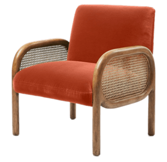 An armchair featuring a solid wood frame with distinct curved lines, woven cane panels on the sides,… — free OBJ 3D model