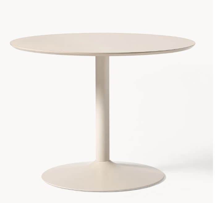 A minimalist round pedestal table in a light beige finish, featuring a circular top, a cylindrical c… — 3D model