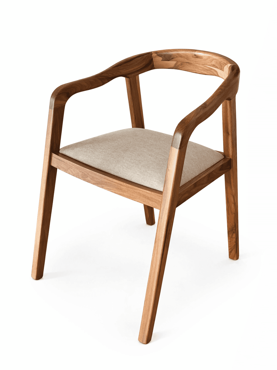 A modern armchair with a solid wood frame, curved backrest and armrests, and a light-colored fabric… — 3D model