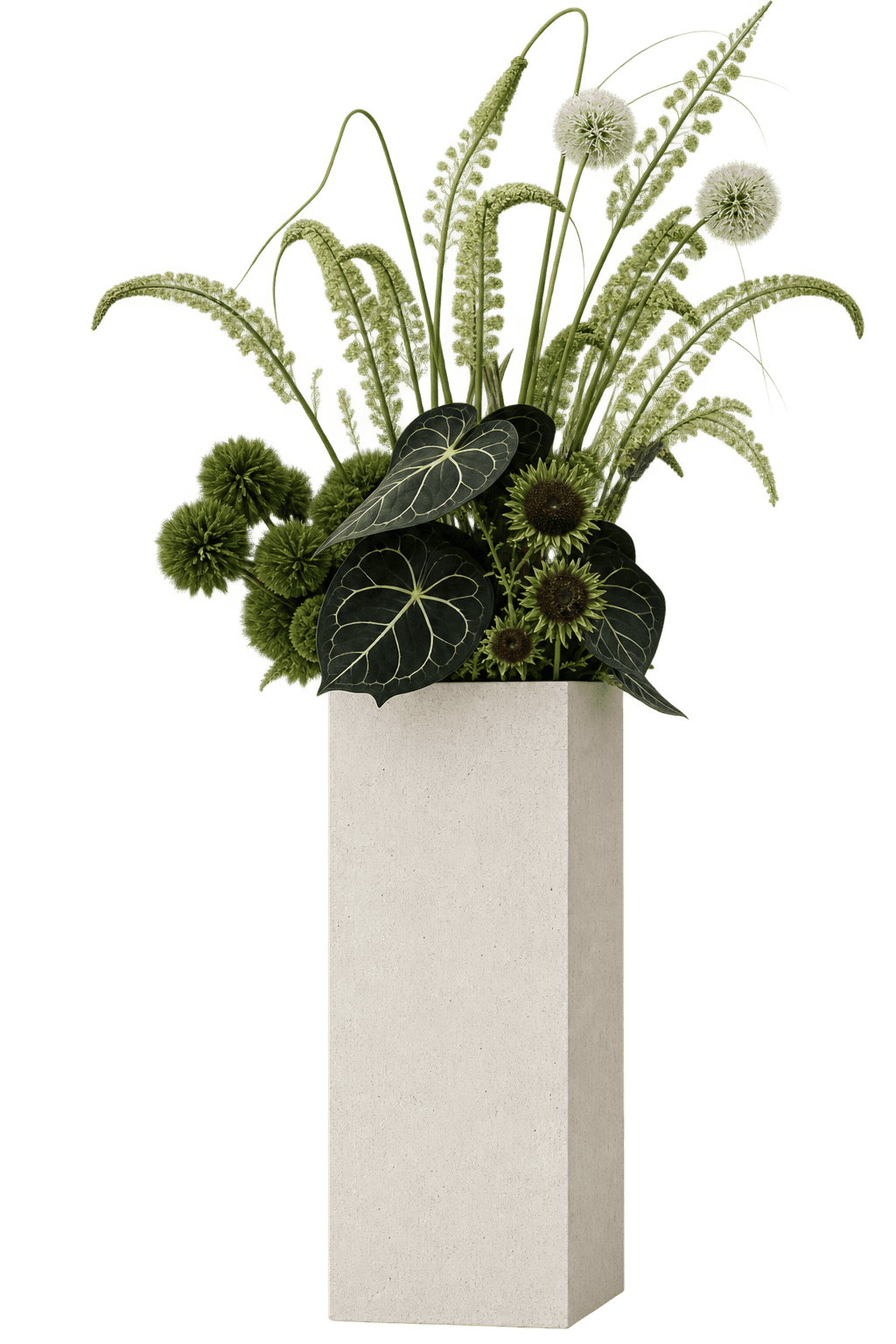 A tall, rectangular light grey concrete or composite planter holding a dense arrangement of mixed ar… — 3D model