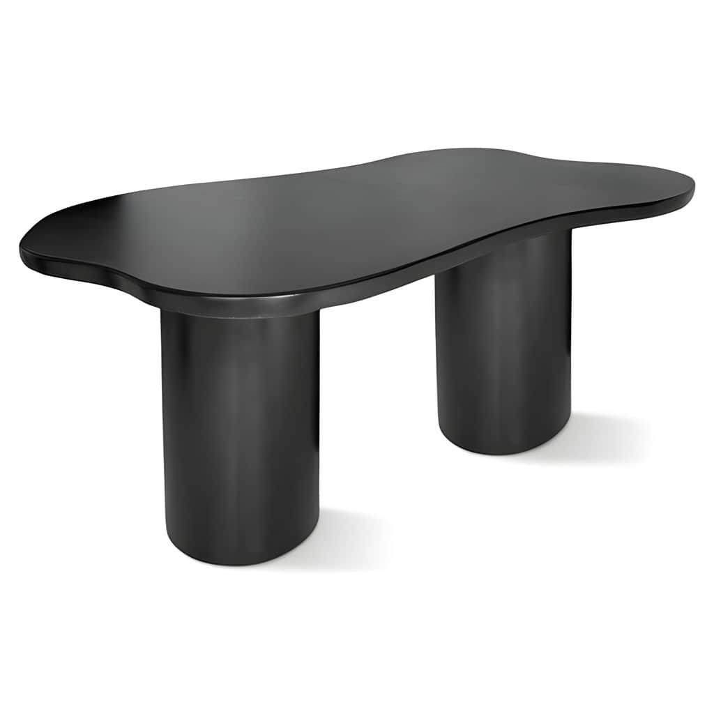 A modern black table featuring an organically shaped, wavy top supported by two thick, cylindrical p… — 3D model