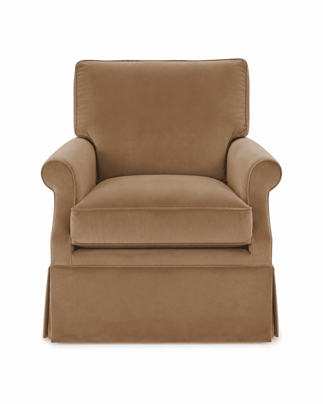 An upholstered armchair featuring rolled arms and a tailored skirted base, presented in a warm, ligh… — free FBX 3D model