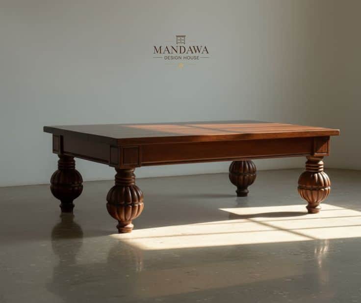 A traditional rectangular coffee table crafted from dark wood, featuring a robust tabletop and four… — 3D model