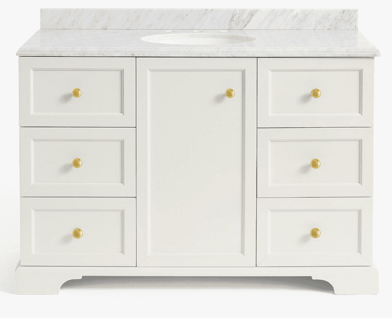 A white painted bathroom vanity featuring a white marble countertop with an integrated oval sink. Th… — 3D model