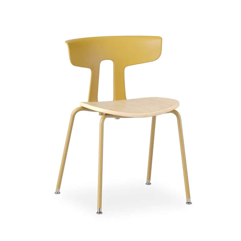 A contemporary armless chair featuring a distinctive T-shaped molded backrest in a yellow color, pai… — free GLTF 3D model