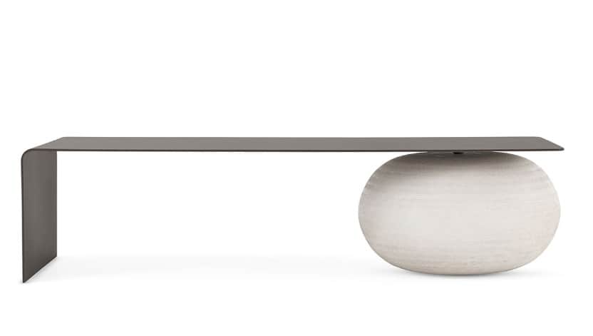 A modern sculptural console table featuring a minimalist rectangular tabletop supported by two disti… — 3D model