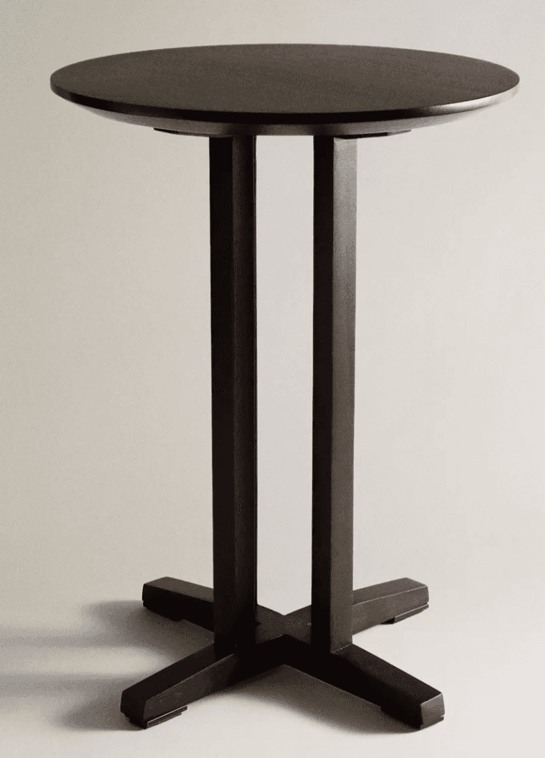 A dark brown, round bar-height table featuring a unique twin-pedestal base that converges into a sta… — 3D model