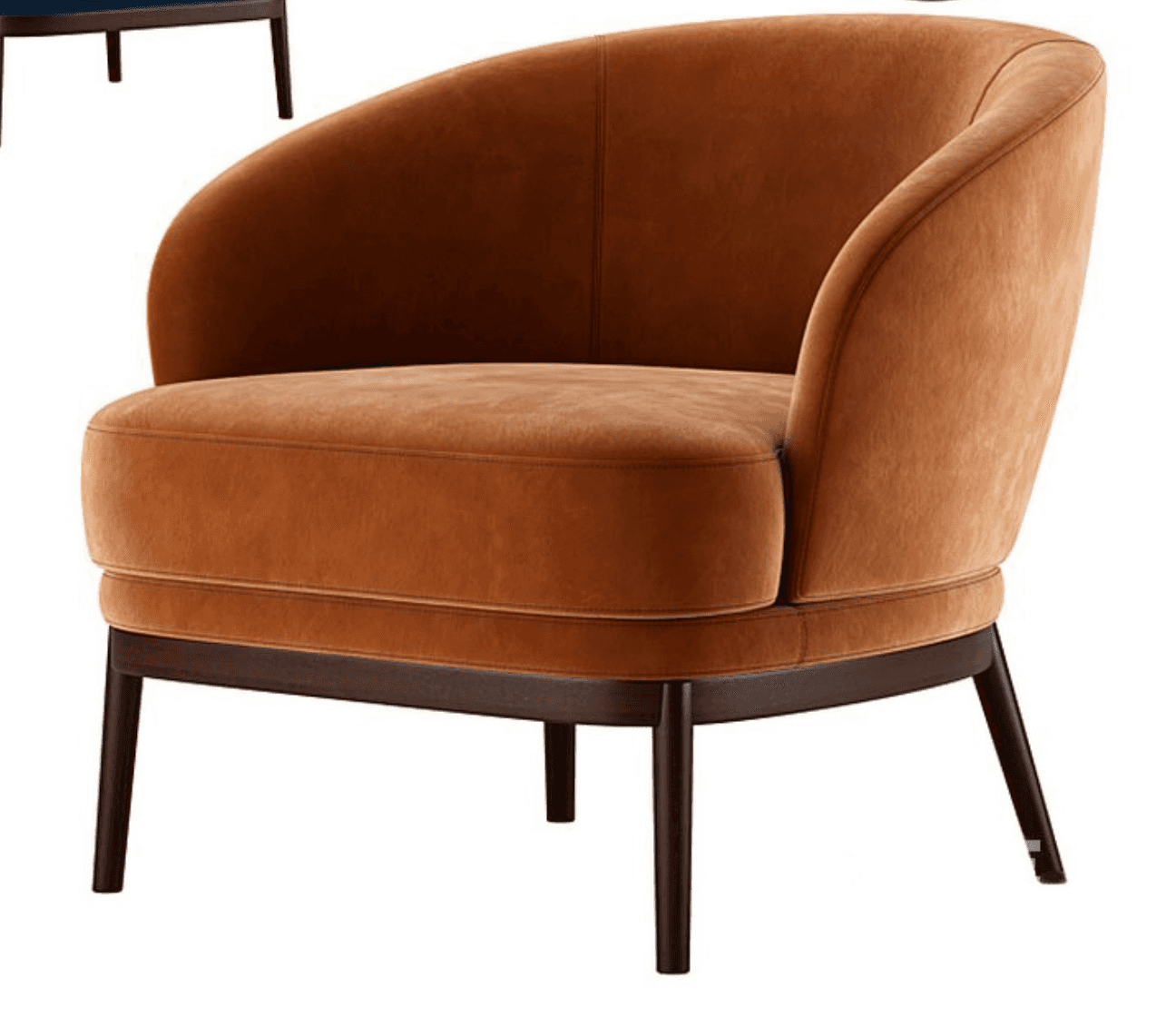 A contemporary armchair with a rounded, enveloping backrest and seat upholstered in a soft, textured… — 3D model