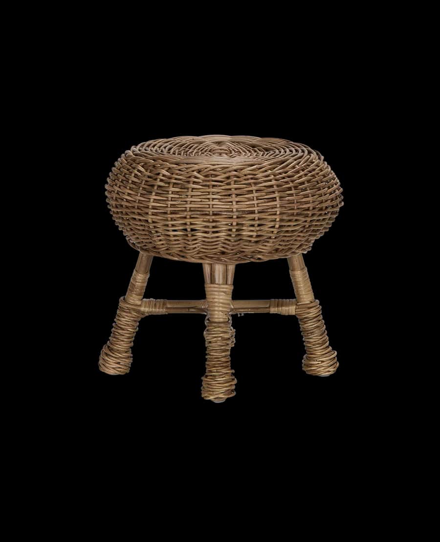 A small, round stool constructed from woven rattan or wicker. It features a rounded, basket-like sea… — 3D model