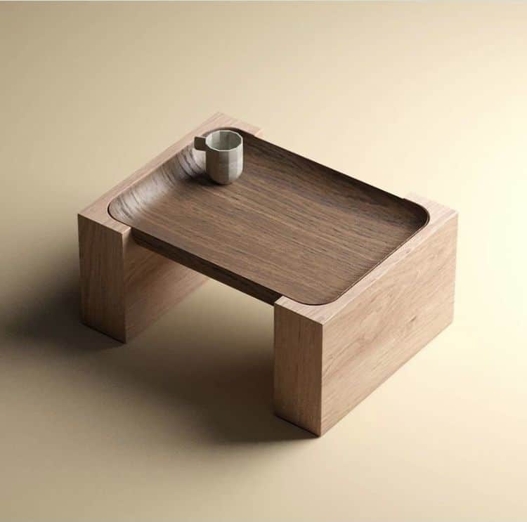 A low, rectangular wooden table featuring a deep, recessed, curved-edge tray made of a darker wood,… — 3D model