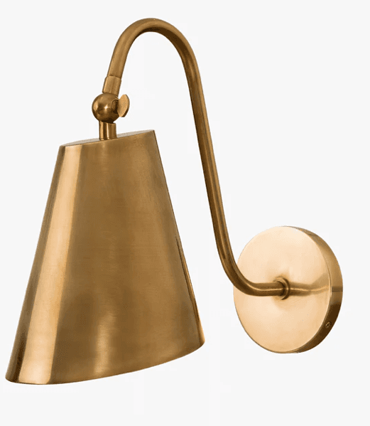 A contemporary wall sconce crafted from brass, featuring a conical shade, a gracefully curved arm, a… — 3D model