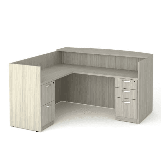 An L-shaped reception desk featuring a light grey wood grain laminate finish. The desk includes a ma… — 3D model