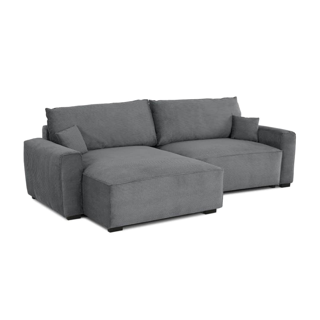 A modern, L-shaped sectional sofa upholstered in a grey corduroy fabric. The sofa features a chaise… — 3D model