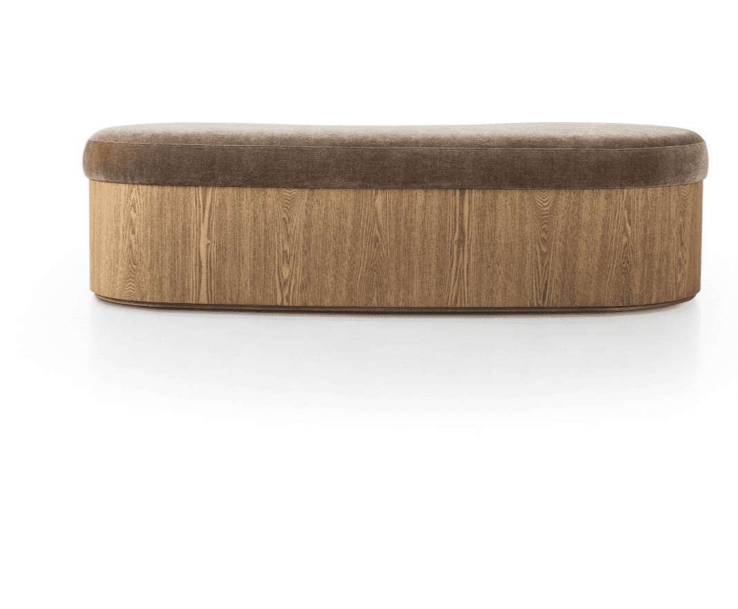 An oval-shaped ottoman with a plush velvet-like upholstered top and a wooden base. The base features… — 3D model