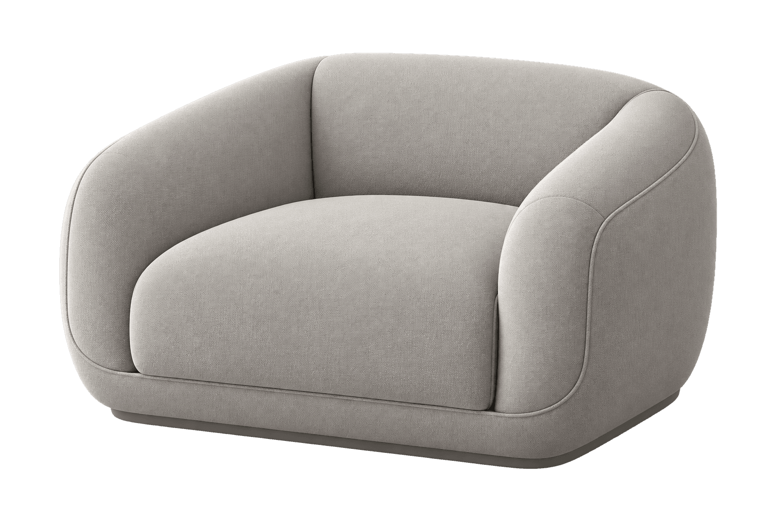 A modern, light grey upholstered chair with a low profile and rounded edges, featuring a single, con… — 3D model