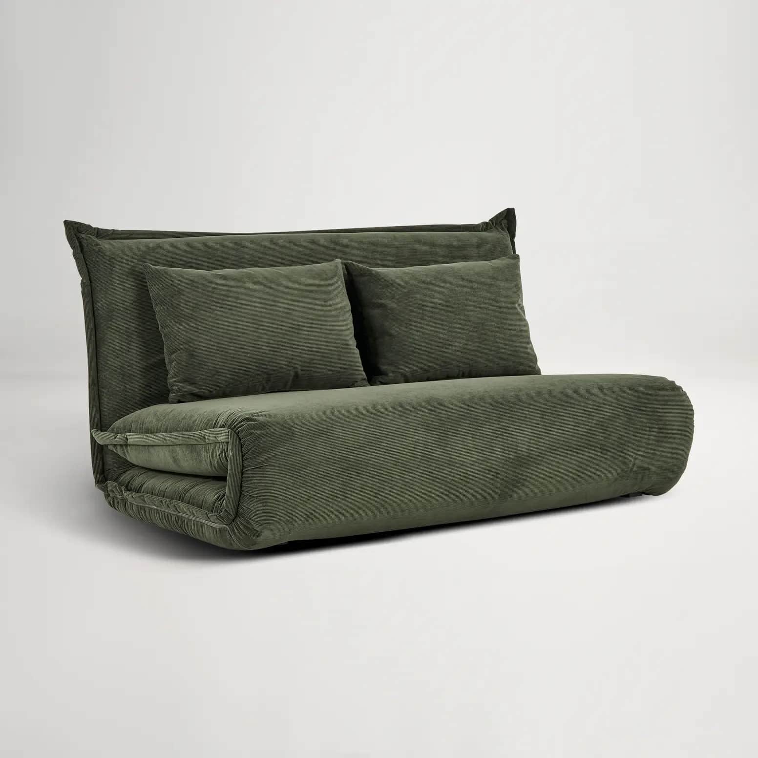 A convertible sofa bed upholstered in dark green corduroy fabric. The piece features a low profile w… — 3D model