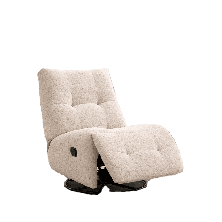 A beige upholstered recliner chair featuring a tufted backrest, integrated footrest, and a black cir… — 3D model