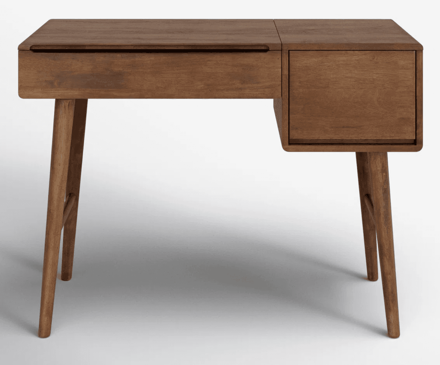 A wooden desk with a mid-century modern design. It features a rectangular top with two sections, one… — free OBJ 3D model