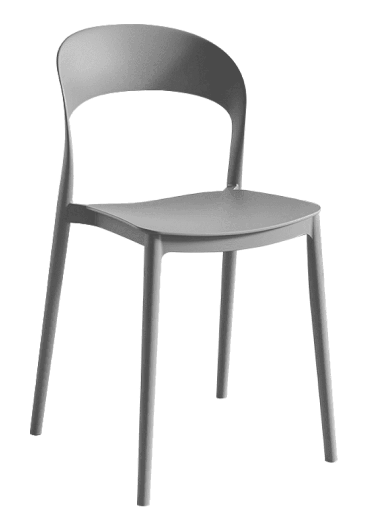 A modern, armless grey chair constructed from a single piece of molded plastic, featuring a curved b… — 3D model