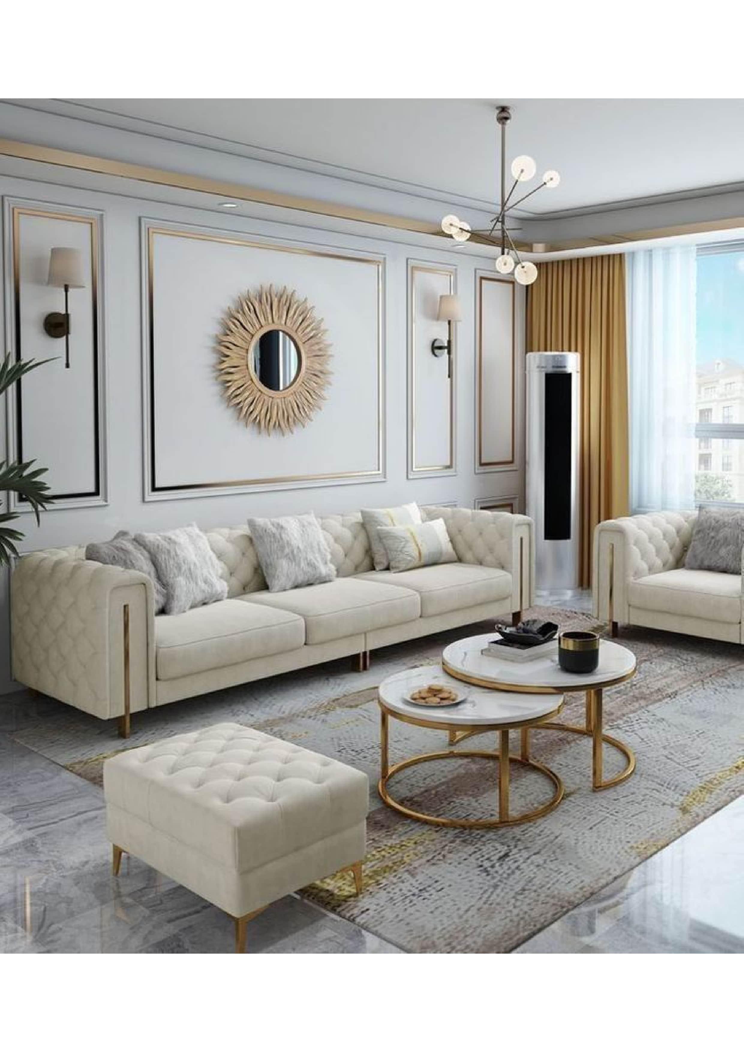 A long, light-colored sofa featuring a diamond-patterned tufted back and armrests, three individual… — 3D model