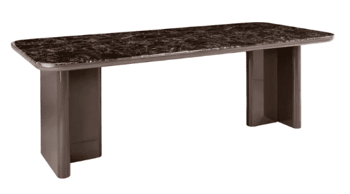 A rectangular console table featuring a dark brown marble top and two solid, U-shaped bases in a mut… — 3D model