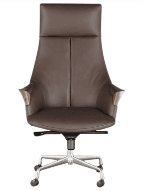 A high-back executive office chair featuring dark brown leather upholstery and distinctive wooden ac… — 3D model