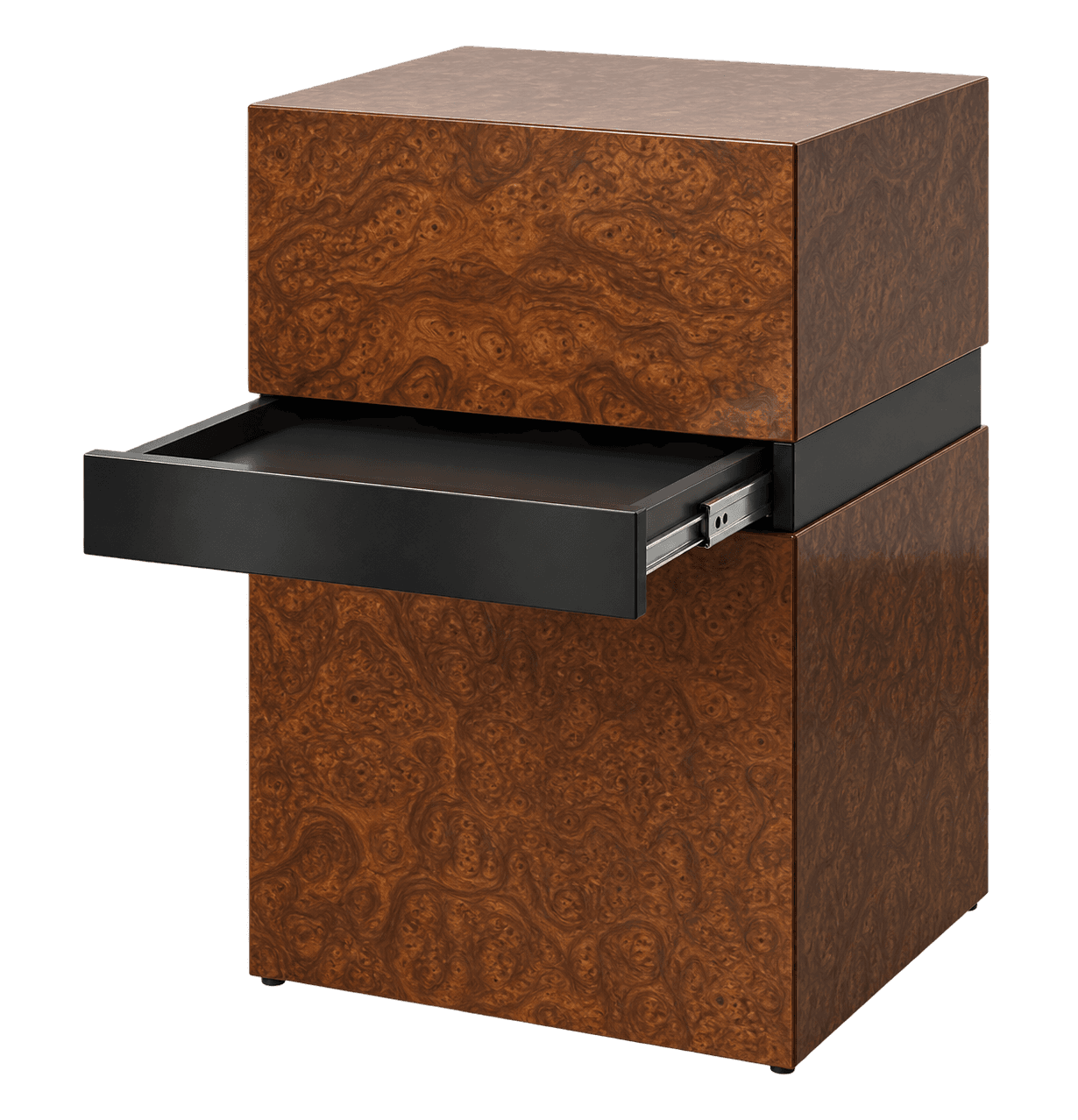 A compact, cube-shaped storage unit featuring a rich burl wood veneer, a central black accent band,… — 3D model