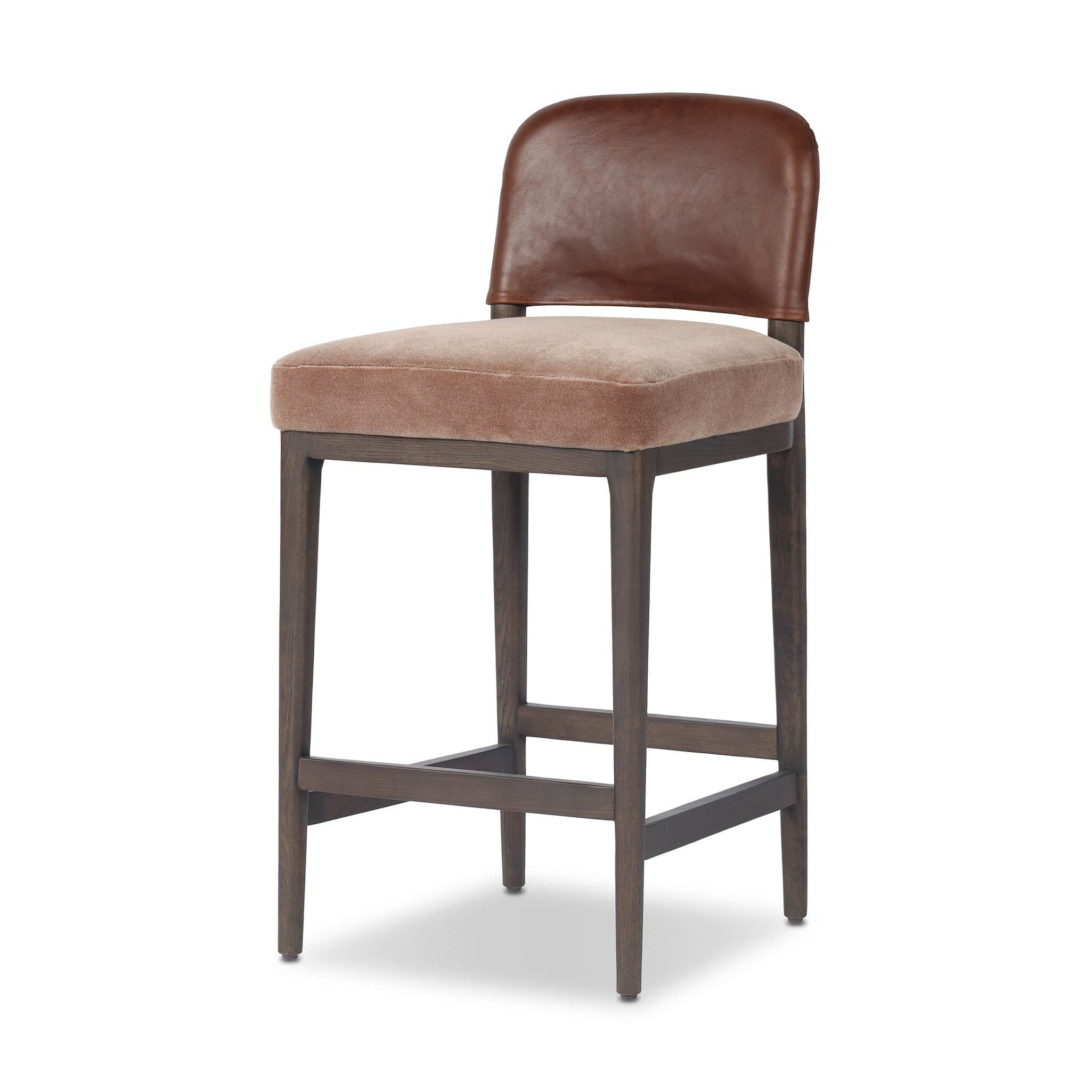 A counter-height bar stool featuring a wooden frame with a rectangular seat and a curved backrest. T… — 3D model
