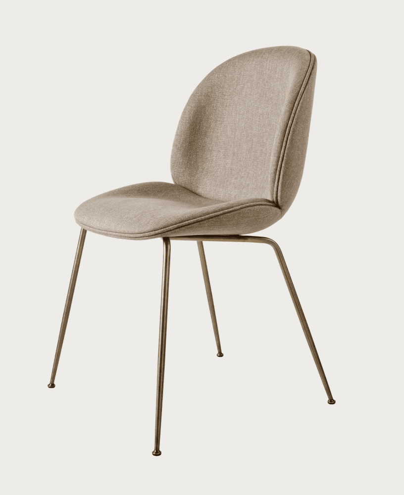 A contemporary dining chair featuring a curved, upholstered seat and backrest in light greige fabric… — 3D model