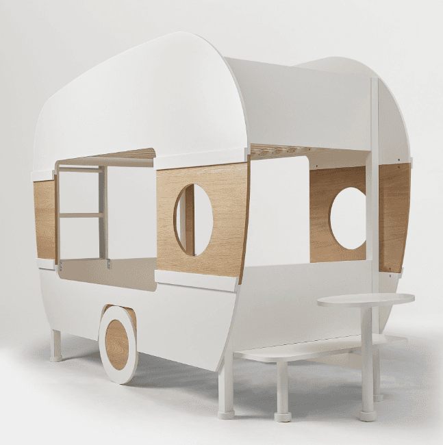A children's bed designed in the whimsical shape of a caravan or camper, featuring a primary white f… — free FBX 3D model