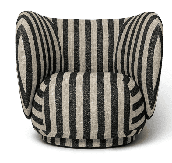 A contemporary lounge chair featuring a distinctive black and light beige vertical striped upholster… — 3D model