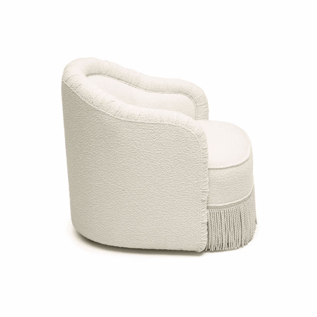 An upholstered barrel armchair featuring a continuous, curved backrest and integrated arms. The chai… — 3D model