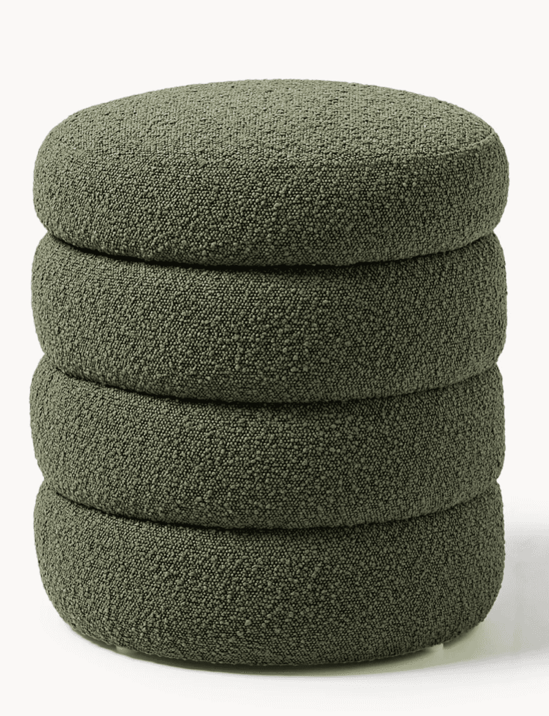 A set of four round, dark green upholstered cushions, stacked vertically. Each cushion is soft, disc… — 3D model