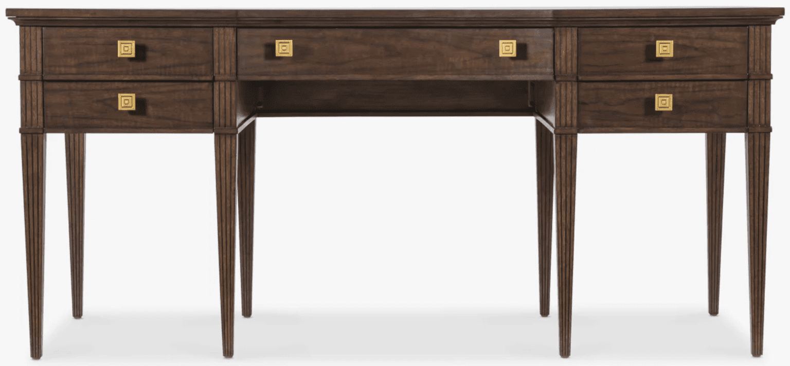 A dark brown wooden desk featuring a rectangular top, multiple drawers, and reeded tapered legs. The… — 3D model