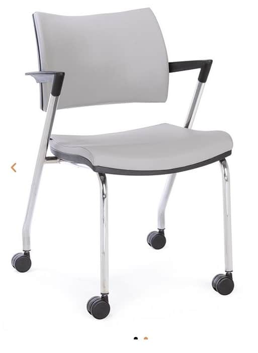 A modern office chair with a light grey upholstered seat and backrest, supported by a chrome-plated… — 3D model