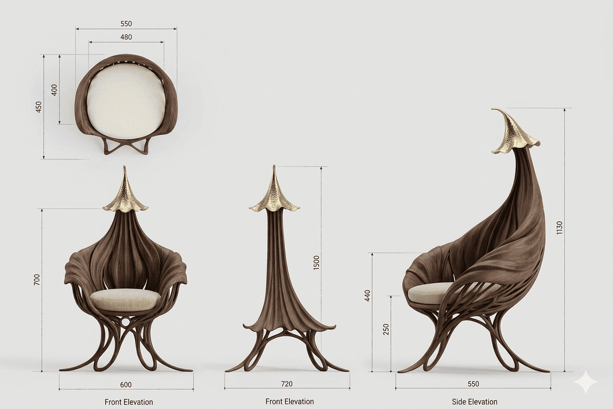 An artistic accent chair with a unique, organic design. The chair features a dark wood frame intrica… — free OBJ 3D model
