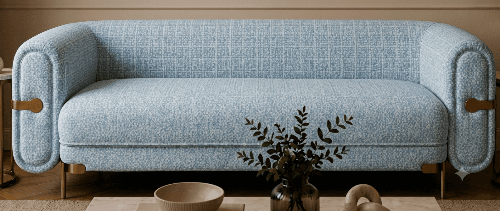 A contemporary three-seater sofa upholstered in a light blue textured fabric, featuring distinctivel… — free GLTF 3D model