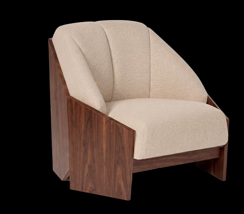 A modern armchair featuring a robust, geometric dark walnut wood frame that encompasses a fully upho… — 3D model