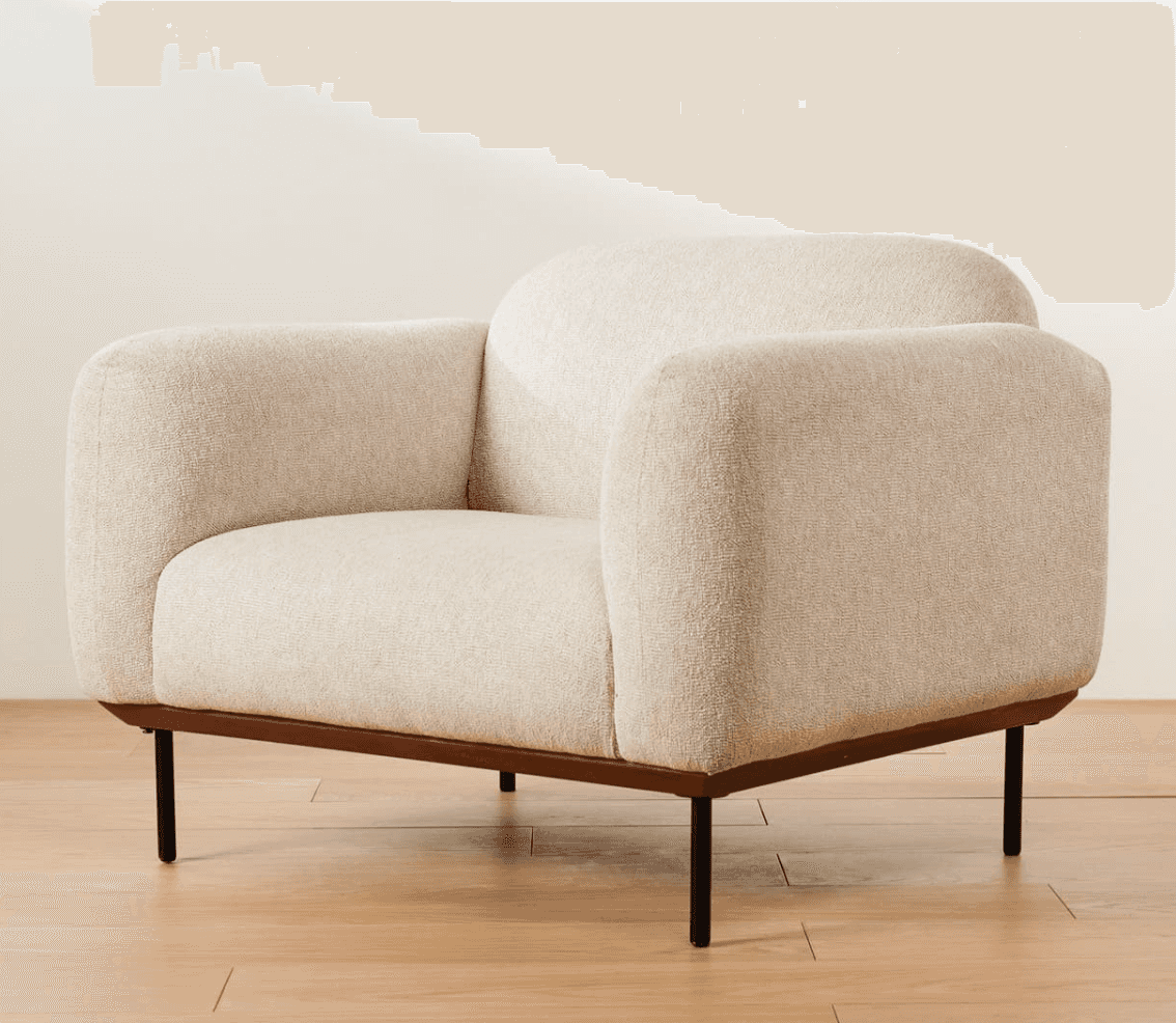 A modern armchair with a textured, light-colored fabric upholstery. The armchair features a rounded… — 3D model