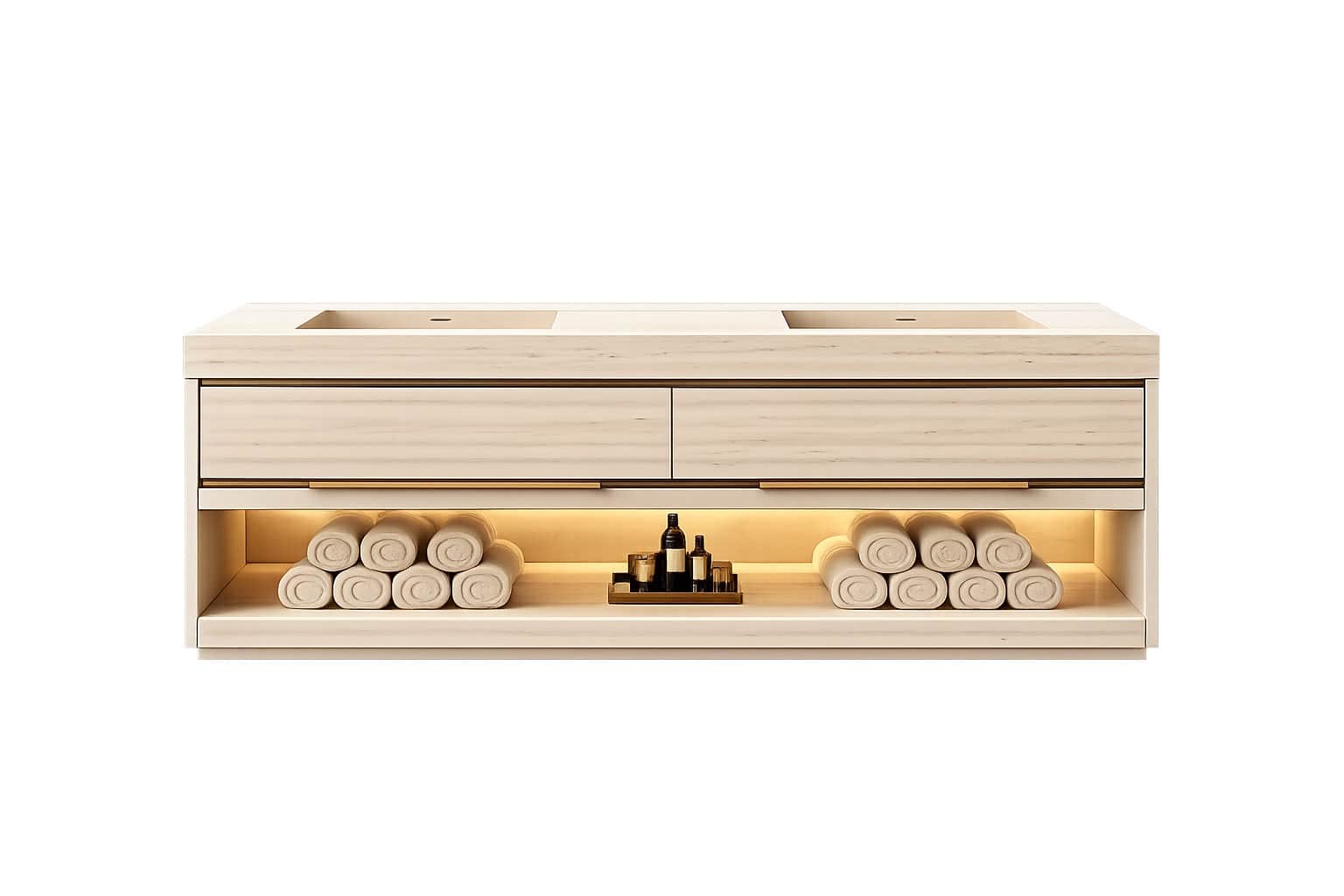 A modern, light wood double bathroom vanity featuring two seamlessly integrated rectangular sinks, t… — 3D model