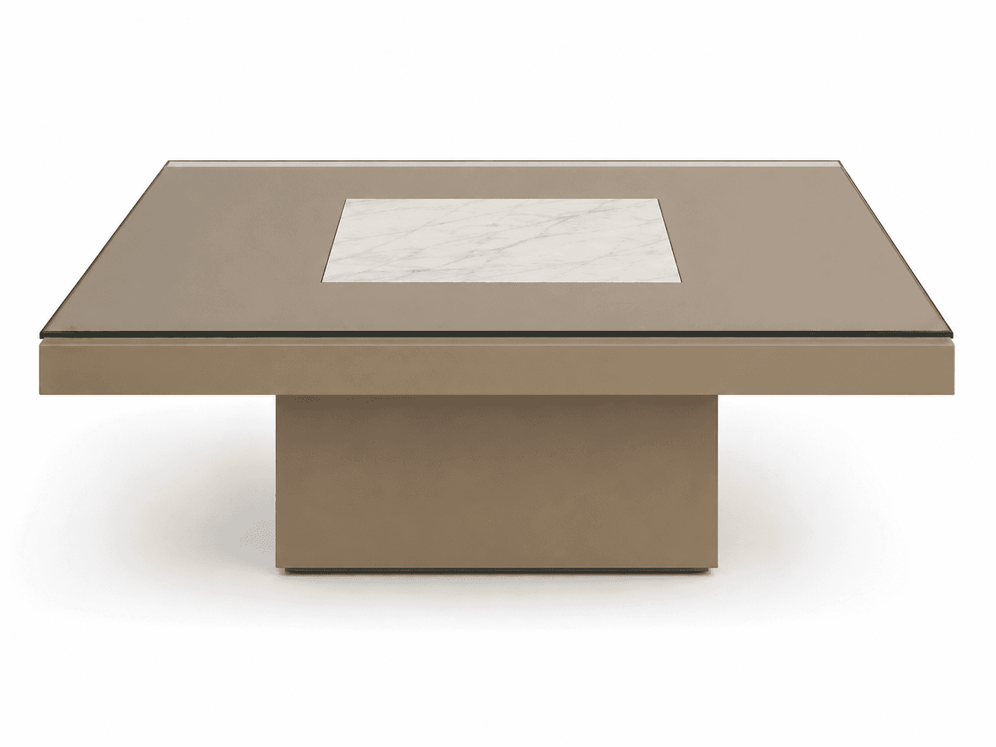 A low, rectangular coffee table featuring a solid, pedestal-style base, a clear glass top, and a squ… — 3D model