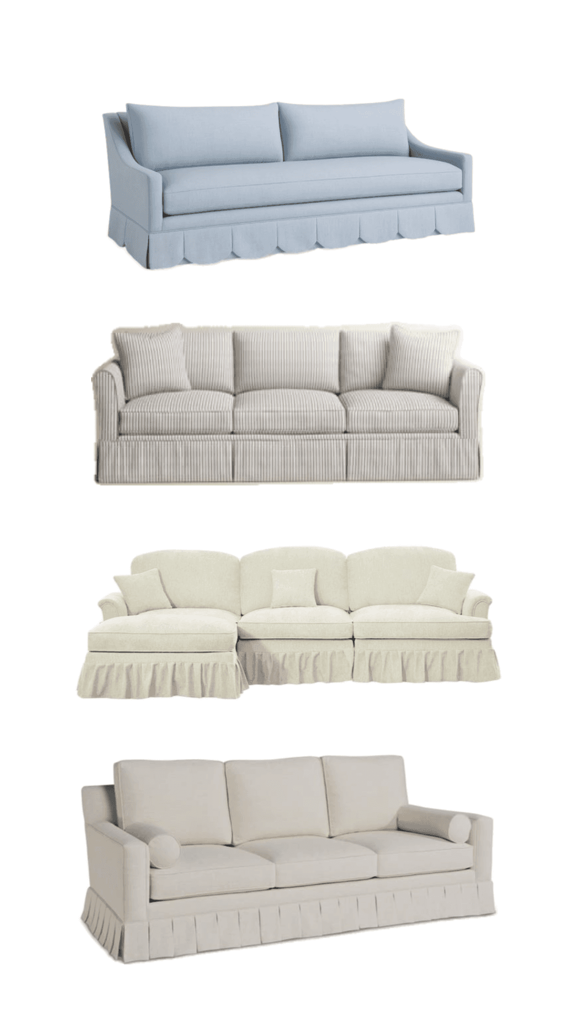 A three-seater sofa featuring a full skirted base, straight track arms, and upholstered in a light-c… — 3D model