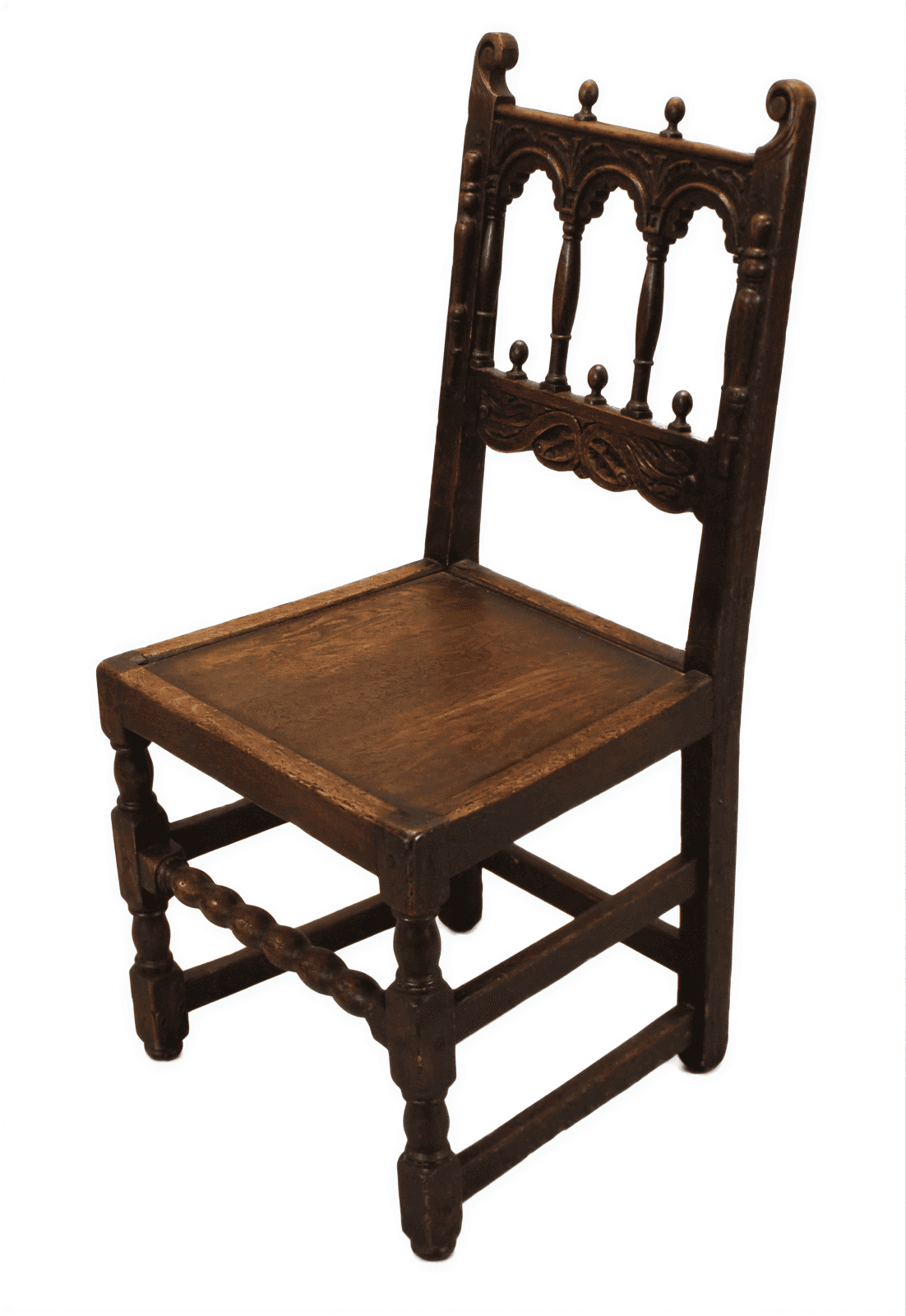 A dark-stained wooden side chair featuring a solid plank seat, turned legs with stretchers, and an i… — 3D model