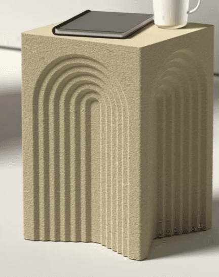 A light beige, textured rectangular pedestal featuring carved concentric arch patterns on its sides,… — 3D model