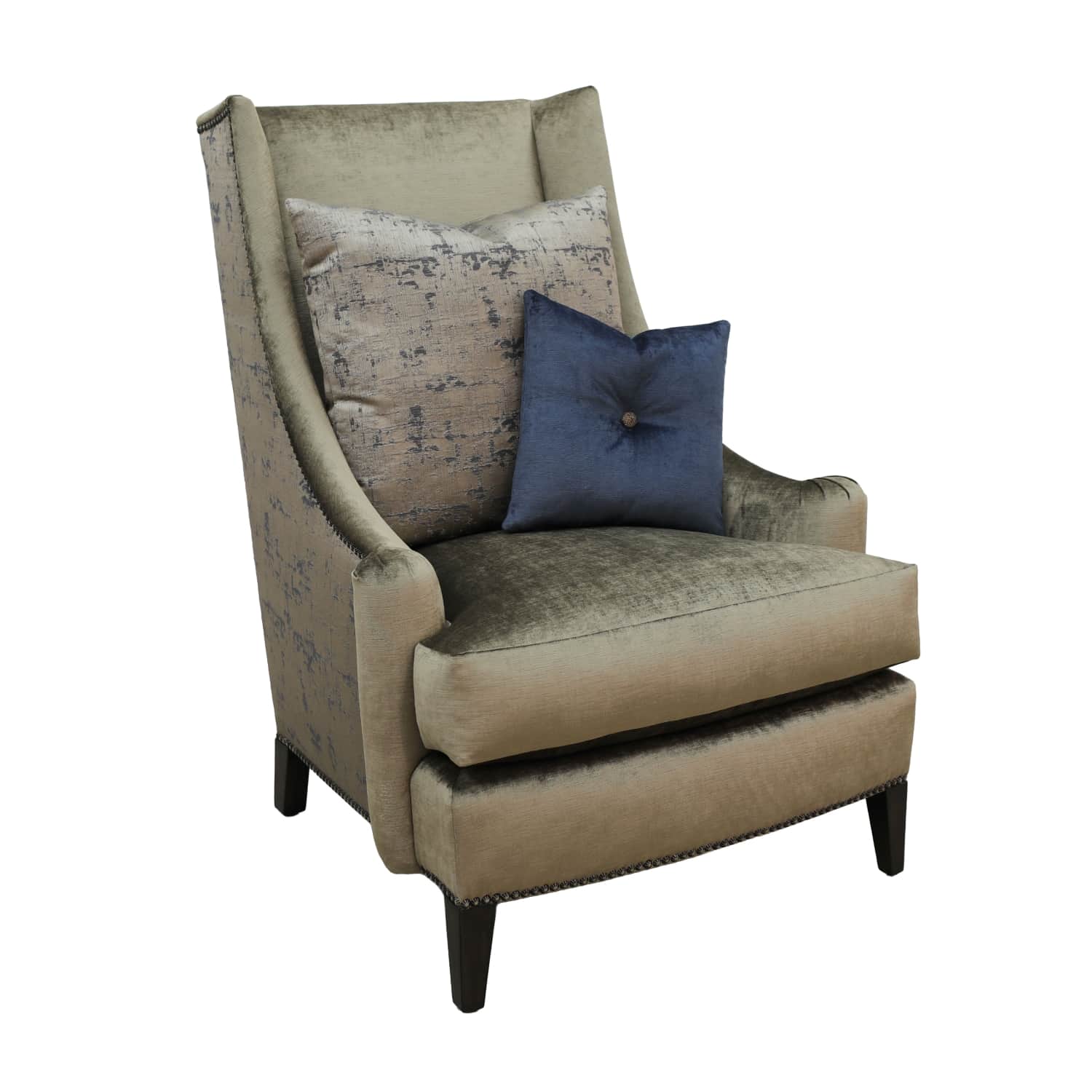 A fully upholstered wingback armchair, featuring a high back with subtly flared wings and rolled arm… — 3D model